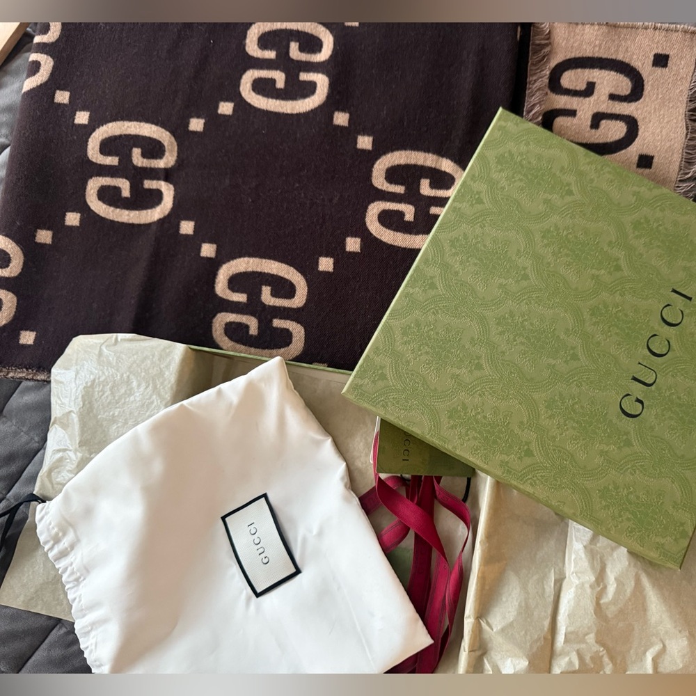 Gucci GG Jacquard Wool Silk Scarf Brown and Tan Color Unisex